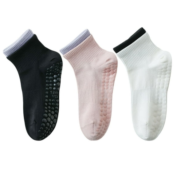 Women's 3-Pair Set Short Ankle Grip Socks with Ribbed Cuffs Cushioned Soles and Anti-Slip Bottom for Walking or Yoga - 3 pairs-D