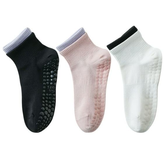 Women's 3-Pair Set Short Ankle Grip Socks with Ribbed Cuffs Cushioned Soles and Anti-Slip Bottom for Walking or Yoga - 3 pairs-D