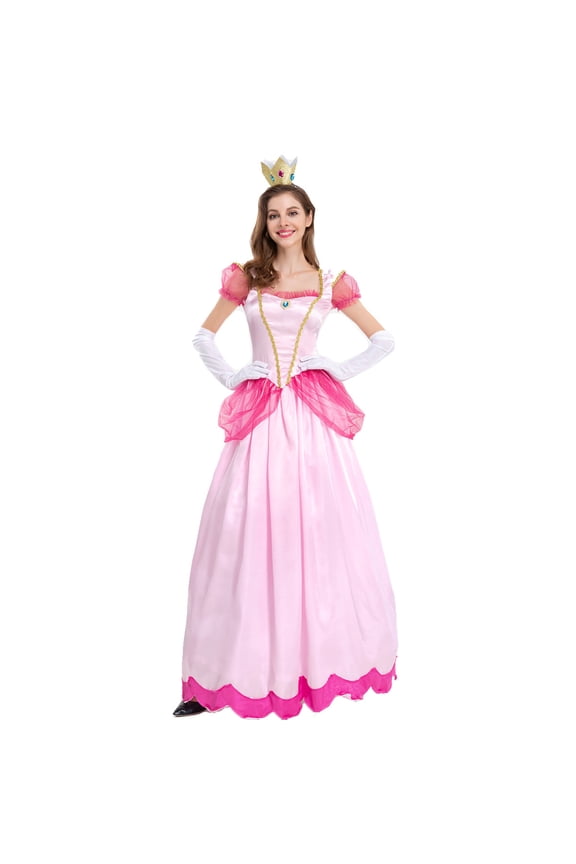 Women's 3 Pc Super Mario Princess Peach Adult with Satin Gown, White sleeve and Crown Headband