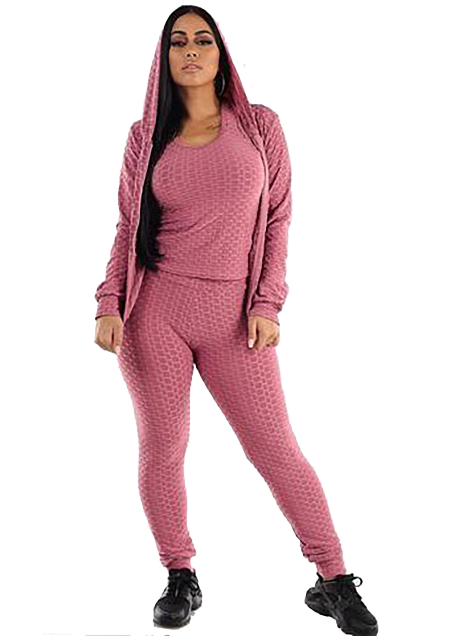 Women s 3 Pc Tracksuit Hoodie Sweatshirt Jacket Textured Ruched
