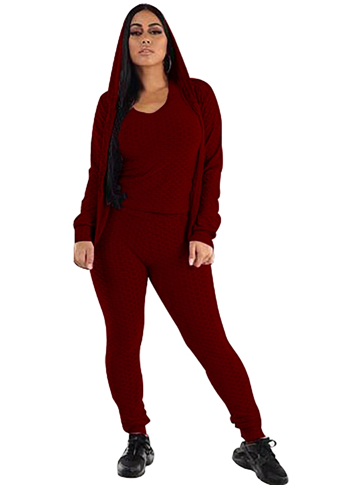 Women s 3 Pc Tracksuit Hoodie Sweatshirt Jacket Textured Ruched
