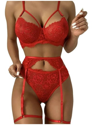 Women Sexy Lingerie Set Sheer Floral Lace See Through Bra and Panty Sets  with Garter Belt Babydoll Teddy High Waist Set 