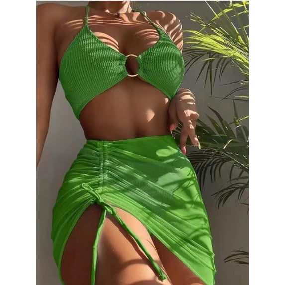 Women's 3 Piece Bathing Suits Halter Ring Bikini Set with Cover Up Skirt