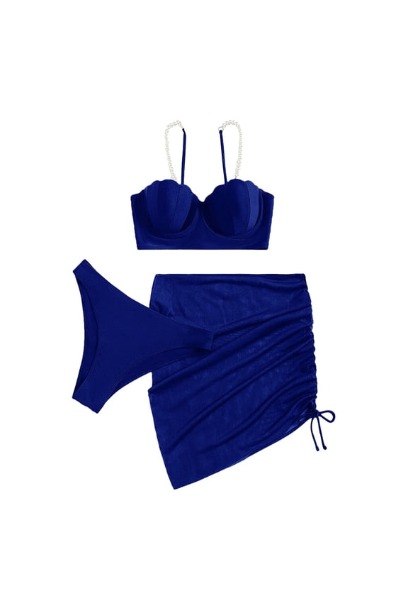 Women's 3 Piece Bikini Bathing Suit Halter Pearl String Triangle Swimsuit