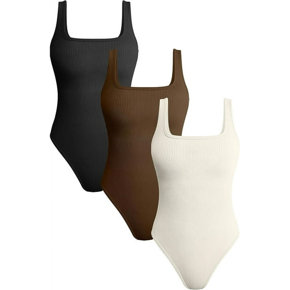 Women's 3 Piece Bodysuits Ribbed Square Neck Sleeveless Tank Tops Bodysuits