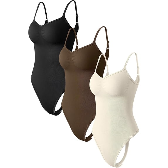 Women's 3 Piece Bodysuits Sexy Ribbed Adjustable Spaghetti Strips Sleeveless Shapewear Tops Thongs Bodysuits