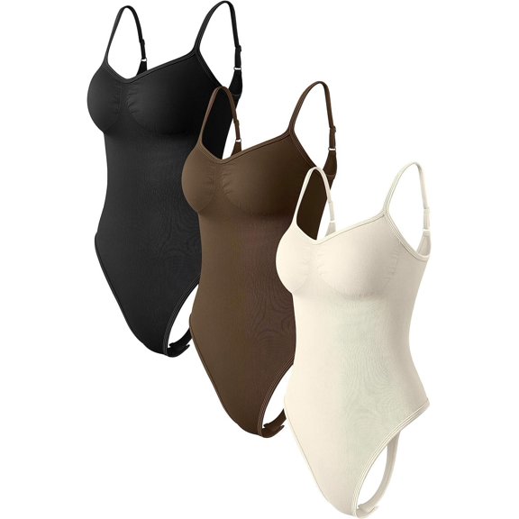 Women's 3 Piece Bodysuits Sexy Ribbed Adjustable Spaghetti Strips Sleeveless Shapewear Tops Thongs Bodysuits