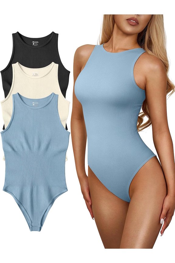 Women's 3 Piece Bodysuits Sexy Ribbed One Piece Sleeveless Halter Neck Bodysuits