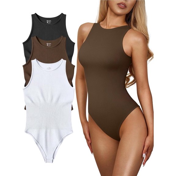 Women's 3 Piece Bodysuits Sexy Ribbed One Piece Sleeveless Halter Neck Bodysuits