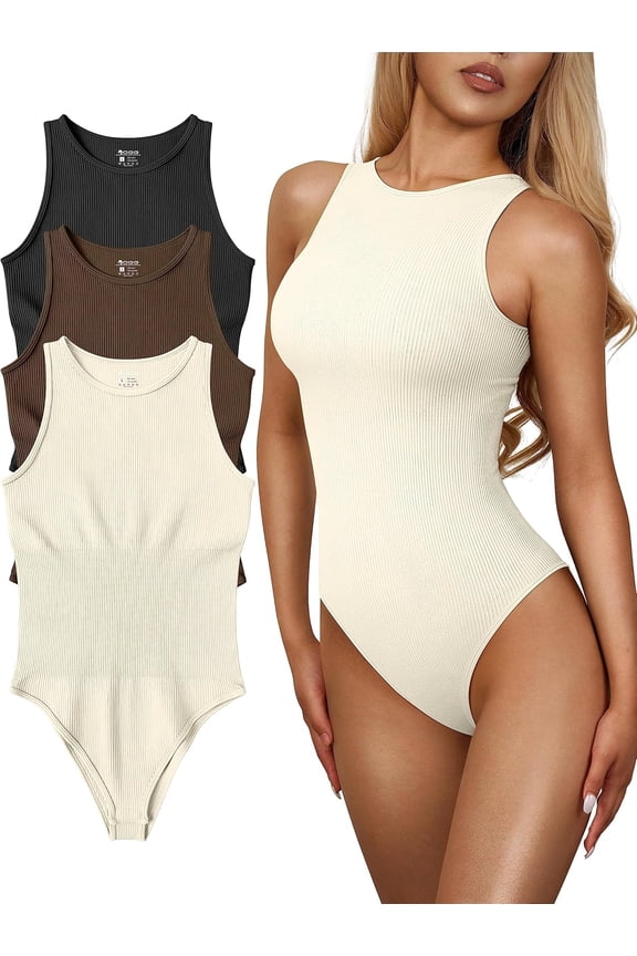 Women's 3 Piece Bodysuits Sexy Ribbed One Piece Sleeveless Halter Neck Bodysuits