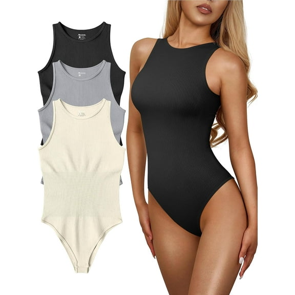 Women's 3 Piece Bodysuits Sexy Ribbed One Piece Sleeveless Halter Neck Bodysuits