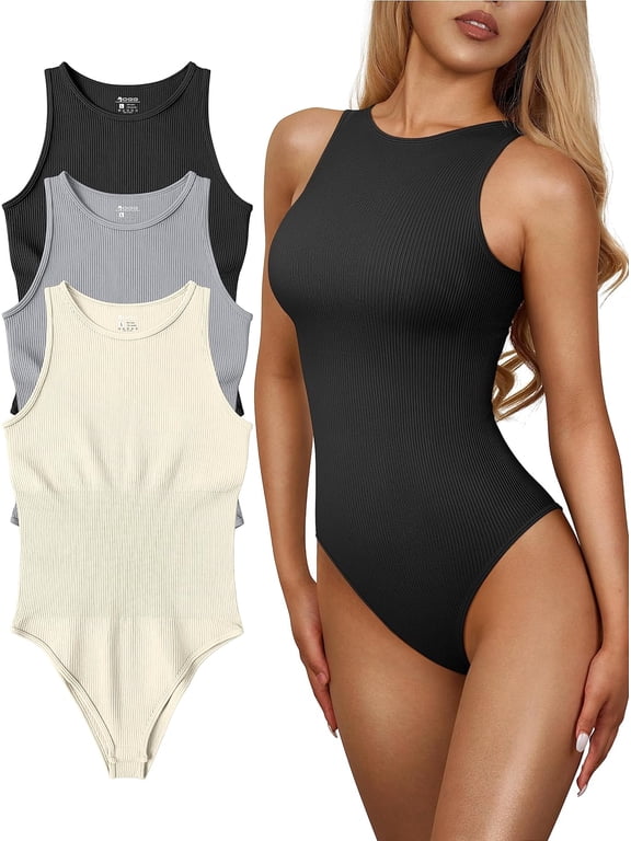 Women's 3 Piece Bodysuits Sexy Ribbed One Piece Sleeveless Halter Neck Bodysuits