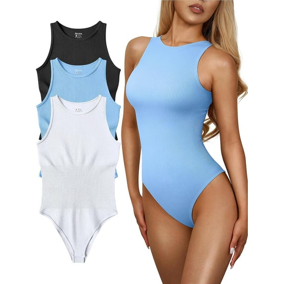 Women's 3 Piece Bodysuits Sexy Ribbed One Piece Sleeveless Halter Neck Bodysuits