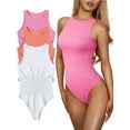 thumbnail image 1 of Women's 3 Piece Bodysuits Sexy Ribbed One Piece Sleeveless Halter Neck Bodysuits, 1 of 3