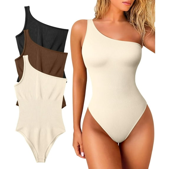 Women's 3 Piece Bodysuits Sexy Ribbed One Shoulder Sleeveless Exercise Bodysuits