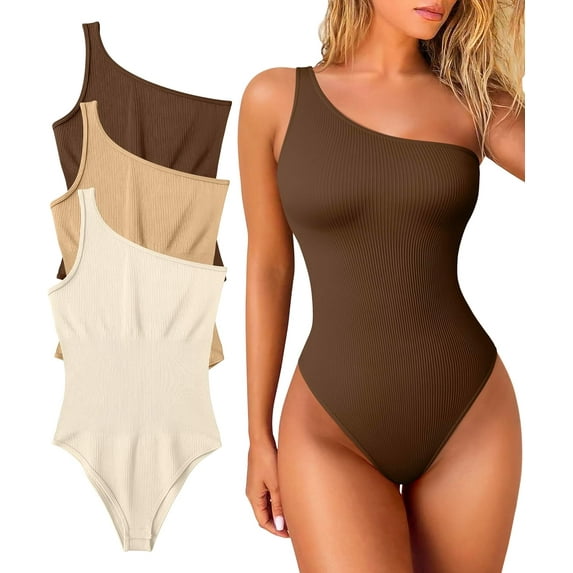 Women's 3 Piece Bodysuits Sexy Ribbed One Shoulder Sleeveless Exercise Bodysuits