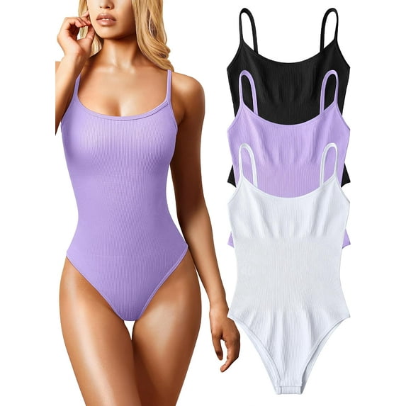 Women's 3 Piece Bodysuits Sexy Ribbed Sleeveless Adjustable Spaghetti Strip Tops Shapewear Bodysuits