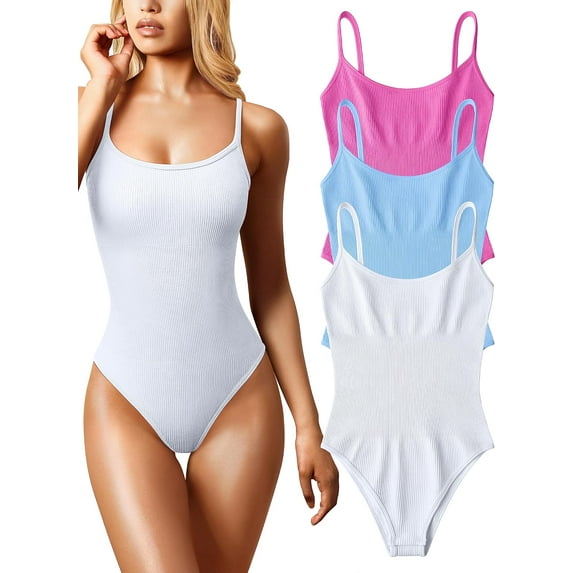 Women's 3 Piece Bodysuits Sexy Ribbed Sleeveless Adjustable Spaghetti Strip Tops Shapewear Bodysuits