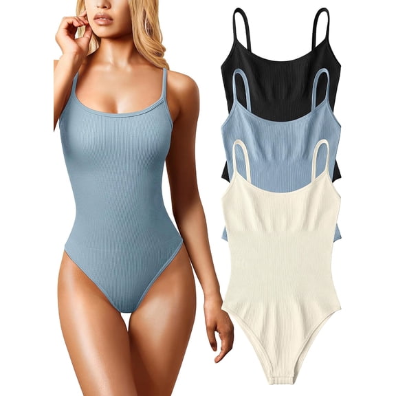 Women's 3 Piece Bodysuits Sexy Ribbed Sleeveless Adjustable Spaghetti Strip Tops Shapewear Bodysuits
