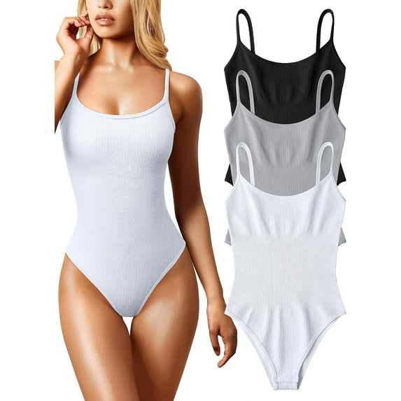 Women's 3 Piece Bodysuits Sexy Ribbed Sleeveless Adjustable Spaghetti Strip Tops Shapewear Bodysuits