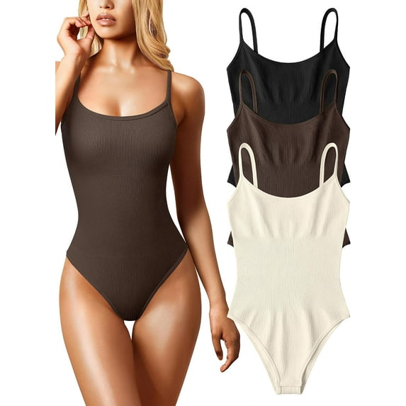 Women's 3 Piece Bodysuits Sexy Ribbed Sleeveless Adjustable Spaghetti Strip Tops Shapewear Bodysuits