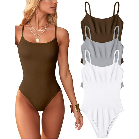 Women's 3 Piece Bodysuits Sexy Ribbed Sleeveless Adjustable Spaghetti Strip Tops Shapewear Bodysuits