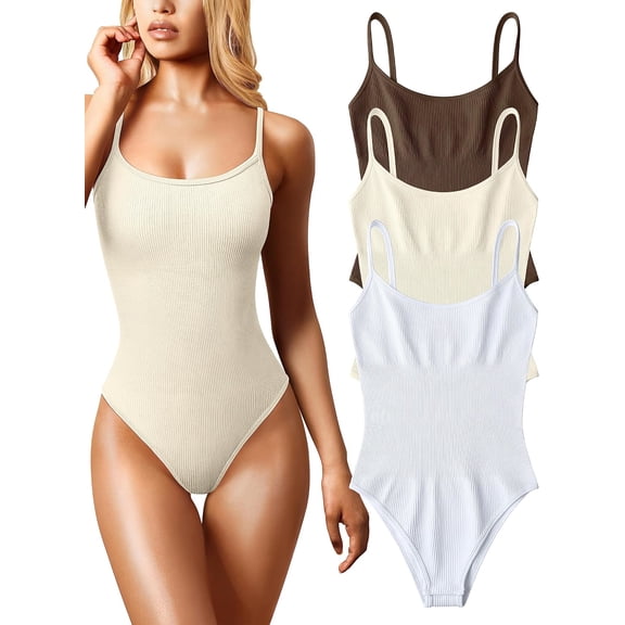 Women's 3 Piece Bodysuits Sexy Ribbed Sleeveless Adjustable Spaghetti Strip Tops Shapewear Bodysuits