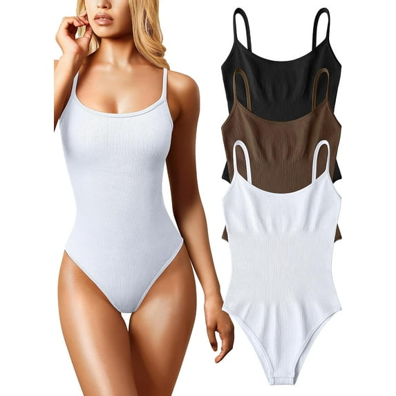 Women's 3 Piece Bodysuits Sexy Ribbed Sleeveless Adjustable Spaghetti Strip Tops Shapewear Bodysuits