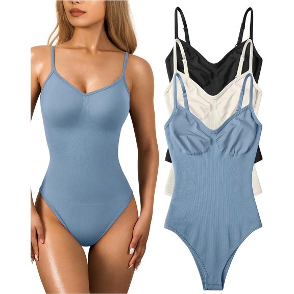 Women's 3 Piece Bodysuits Sexy Ribbed Sleeveless Adjustable Spaghetti Strips Shapewear Tops Bodysuits