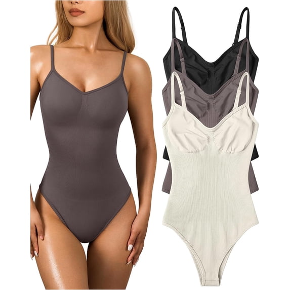 Women's 3 Piece Bodysuits Sexy Ribbed Sleeveless Adjustable Spaghetti Strips Shapewear Tops Bodysuits