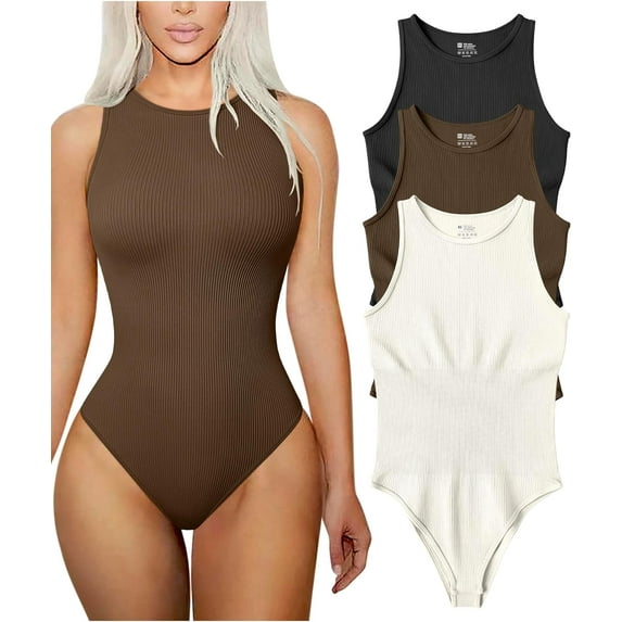 Women's 3 Piece Bodysuits Sexy Ribbed Sleeveless Halter Neck Shapewear Bodysuits