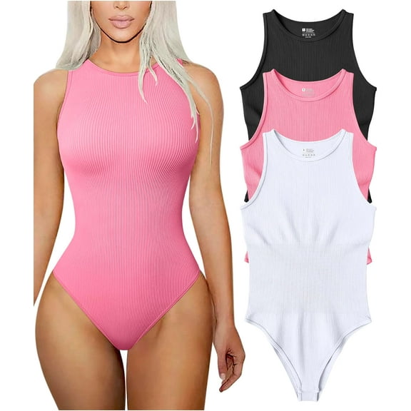 Women's 3 Piece Bodysuits Sexy Ribbed Sleeveless Halter Neck Shapewear Bodysuits
