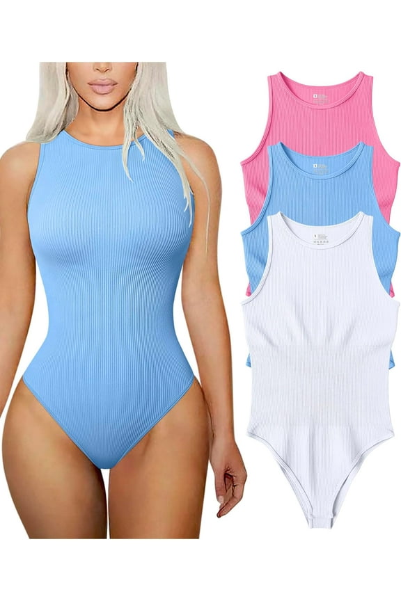 Women's 3 Piece Bodysuits Sexy Ribbed Sleeveless Halter Neck Shapewear Bodysuits