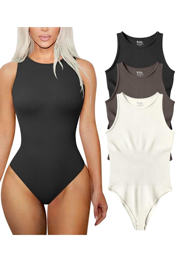 Women's 3 Piece Bodysuits Sexy Ribbed Sleeveless Halter Neck Shapewear Bodysuits
