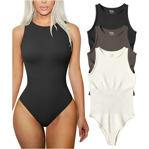 Women's 3 Piece Bodysuits Sexy Ribbed Sleeveless Halter Neck Shapewear Bodysuits