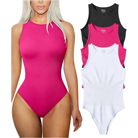 Women's 3 Piece Bodysuits Sexy Ribbed Sleeveless Halter Neck Shapewear Bodysuits