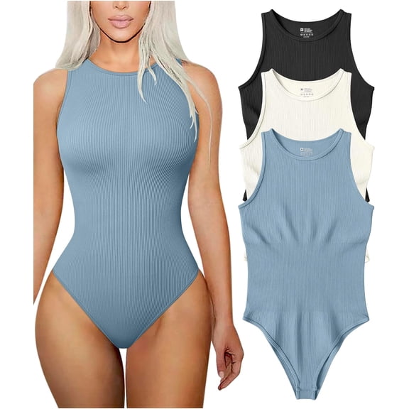Women's 3 Piece Bodysuits Sexy Ribbed Sleeveless Halter Neck Shapewear Bodysuits