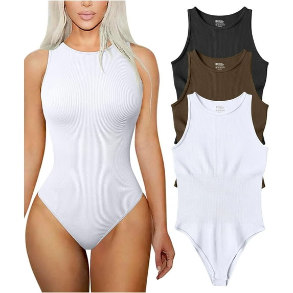 Women's 3 Piece Bodysuits Sexy Ribbed Sleeveless Halter Neck Shapewear Bodysuits