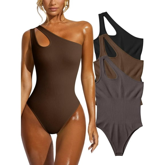 Women's 3 Piece Bodysuits Sexy Ribbed Sleeveless One Shoulder Tank Tops Exercise Bodysuits