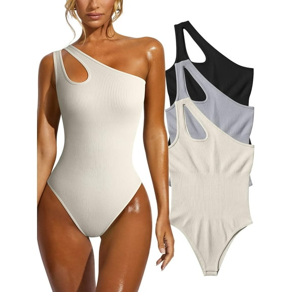 Women's 3 Piece Bodysuits Sexy Ribbed Sleeveless One Shoulder Tank Tops Exercise Bodysuits
