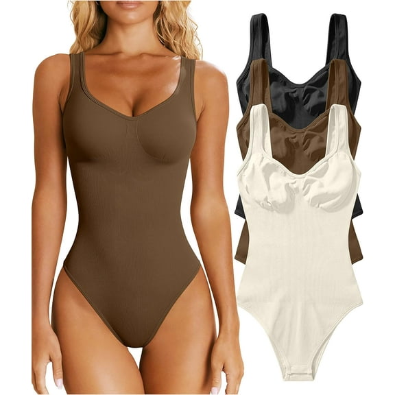 Women's 3 Piece Bodysuits Sexy Ribbed Sleeveless Shapewear Tank Tops Bodysuits