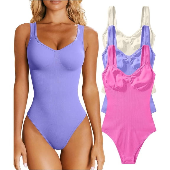 Women's 3 Piece Bodysuits Sexy Ribbed Sleeveless Shapewear Tank Tops Bodysuits