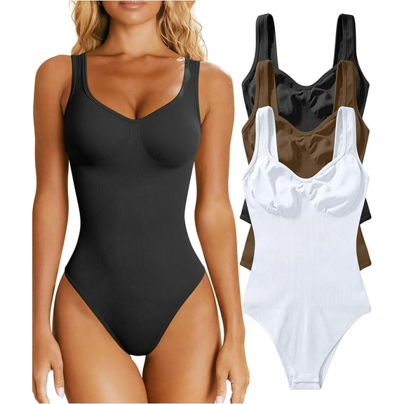 Women's 3 Piece Bodysuits Sexy Ribbed Sleeveless Shapewear Tank Tops Bodysuits