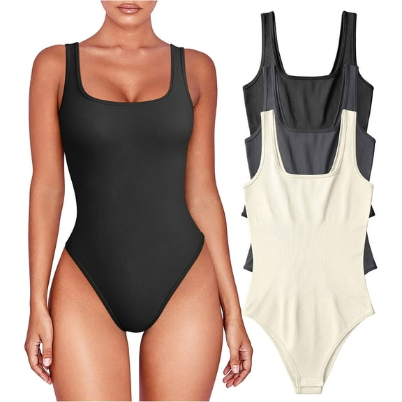 Women's 3 Piece Bodysuits Sexy Ribbed Sleeveless Square Neck Shapewear Bodysuits