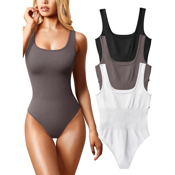 Women's 3 Piece Bodysuits Sexy Ribbed Sleeveless Square Neck Sleeveless Tank Tops Bodysuits