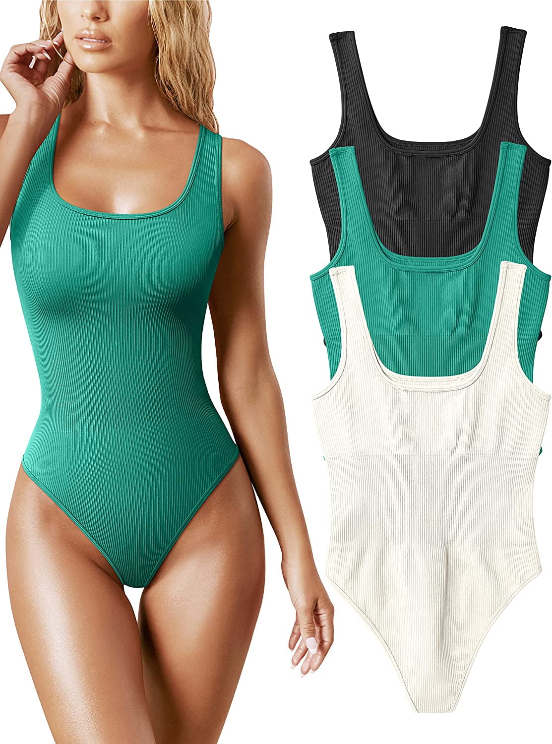 Buy OQQ 3 Piece Bodysuit for Women Sexy Ribbed Sleeveless