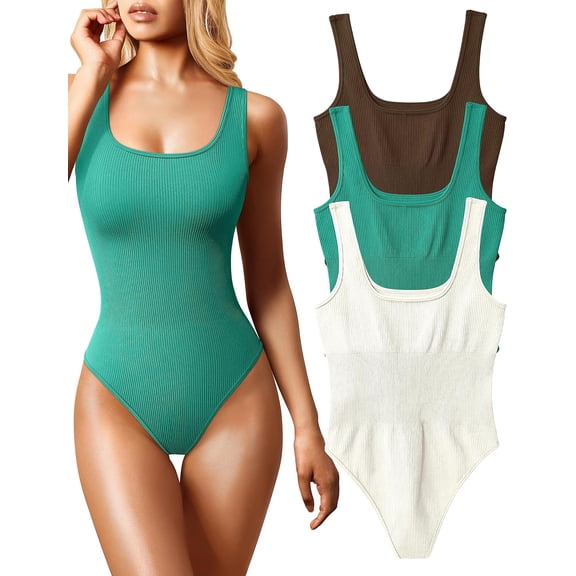 Women's 3 Piece Bodysuits Sexy Ribbed Sleeveless Square Neck Sleeveless Tank Tops Bodysuits