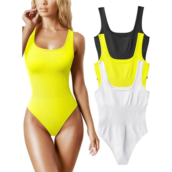 Women's 3 Piece Bodysuits Sexy Ribbed Sleeveless Square Neck Sleeveless Tank Tops Bodysuits