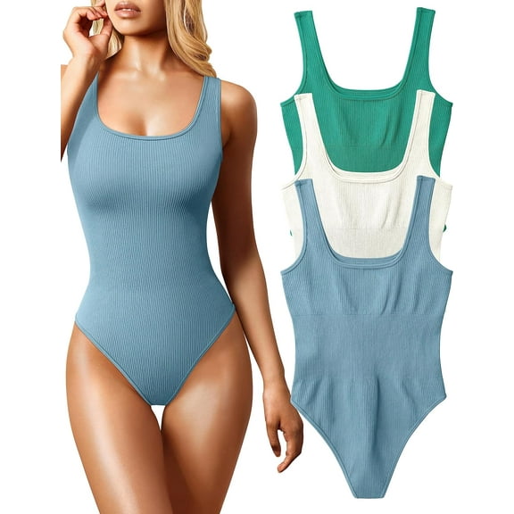 Women's 3 Piece Bodysuits Sexy Ribbed Sleeveless Square Neck Sleeveless Tank Tops Bodysuits