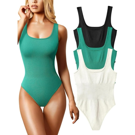 Women's 3 Piece Bodysuits Sexy Ribbed Sleeveless Square Neck Sleeveless Tank Tops Bodysuits